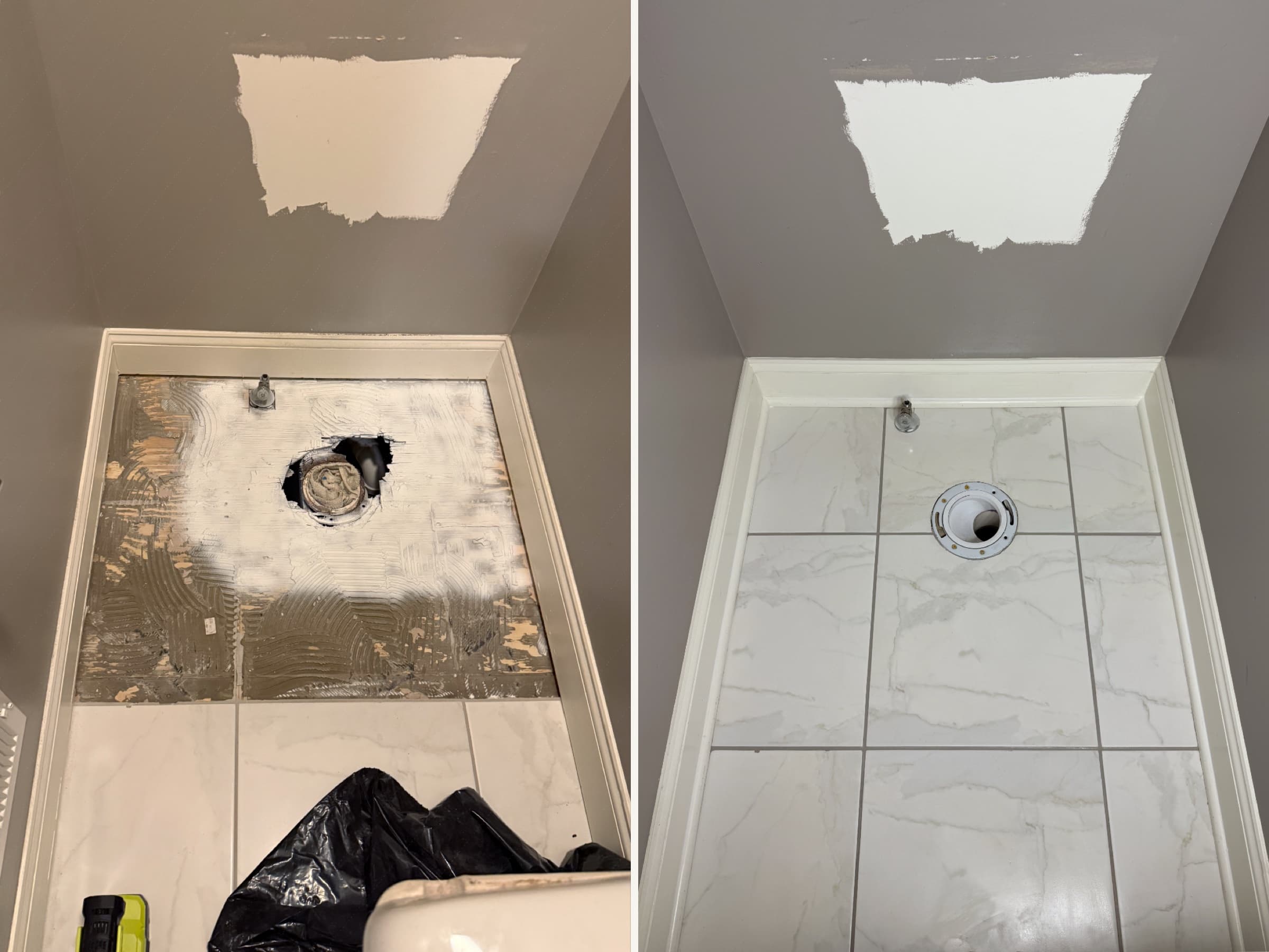 Bathroom floor, subfloor replaced after water damage, new tile installed